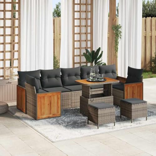 Modernes Garten-Sofa-Set aus Polyrattan mit Akazienholz, 10-teilig, Grau Dunkelgrau, 90 x 55 x 71 cm, modulare Outdoor-Sitzgruppe für Terrasse & Garten von Teenpull