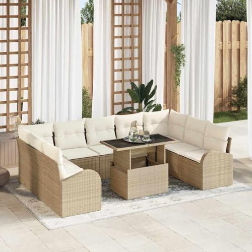 Modulares Garten-Sofa-Set, 10-teilig, Beige/Creme, Poly-Rattan & Stahl, wetterfest, für Terrasse & Garten, 100x55x73 cm, Outdoor-Sitzgruppe von Teenpull