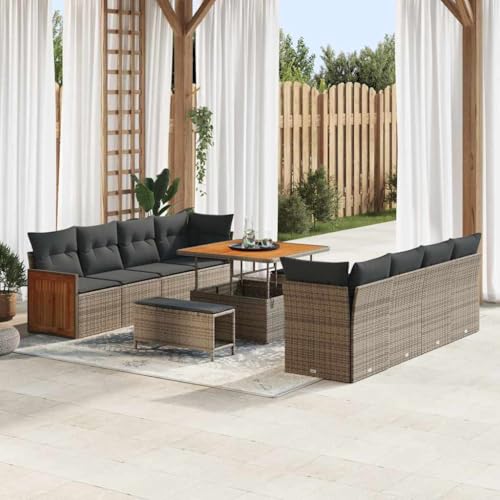 Modulares Garten-Sofa-Set mit Kissen, 11-teilig, Grau, Poly-Rattan & Stahl, 100x100x71cm, für Terrasse & Außenbereich von Teenpull