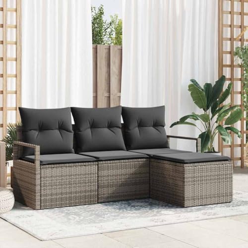 Modulares Garten-Sofa-Set mit Kissen, Stauraumfächern und Tisch, 4-teilig, Grau, wetterfestes Poly-Rattan für Terrasse & Balkon von Teenpull