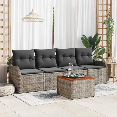 Modulares Poly-Rattan Garten-Sofa-Set 5-teilig mit Kissen, Grau, 55x55x37cm, wasserdicht, für Terrasse & Balkon, Bequeme Outdoor-Sitzgruppe von Teenpull