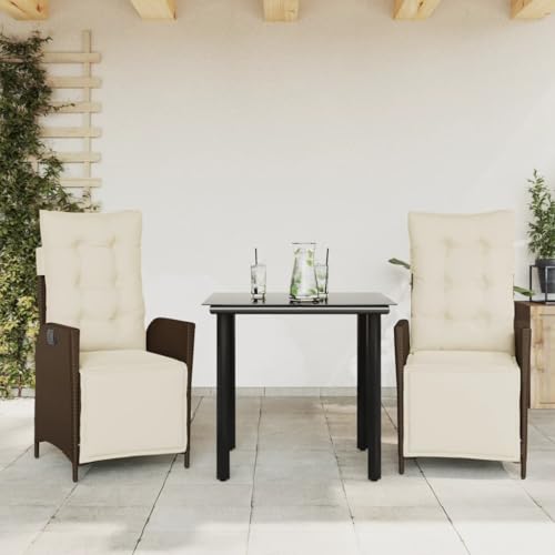 Teenpull 3-TLG. Garten-Essgruppe Poly Rattan Braun mit Kissen, Outdoor Patio Set für Balkon, Verstellbare Stühle, Glastisch, UV-beständig, 80x80cm von Teenpull