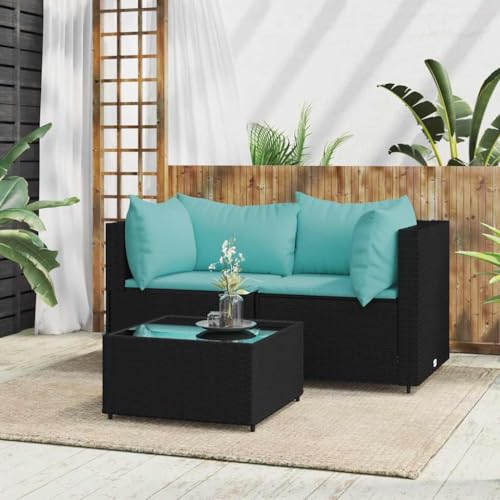 Teenpull 3-TLG. Garten-Lounge-Set, Schwarz Poly Rattan Sofa mit Wasserblau Kissen, Outdoor Patio Sessel Couchtisch, Verstellbare Füße für Balkon & Garten von Teenpull