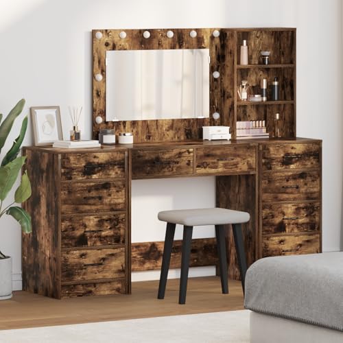 Teenpull 3-TLG. Schminktisch-Set, modernes Highboard mit integrierten LED-Leuchten, geräumige Schubladen, Rauch-Eiche-Finish für Schlafzimmer, ideal als Kosmetiktisch von Teenpull