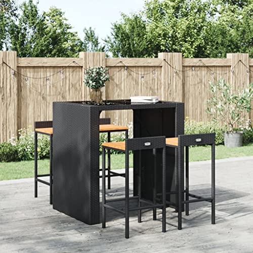 Teenpull 4 Pcs Black Poly Rattan Bar Stools Set with Solid Acacia Wood Seats, Counter Height Chairs for Kitchen Island von Teenpull