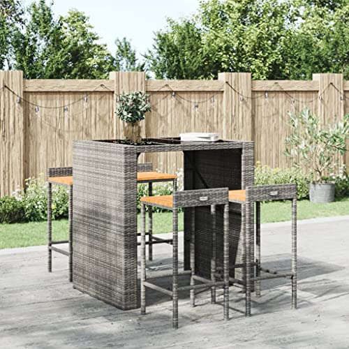 Teenpull 4 Pcs Gray Poly Rattan & Solid Acacia Wood Bar Stools, Counter Height Chairs for Kitchen Island von Teenpull