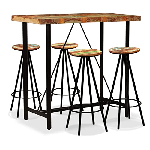Teenpull 5-TLG. Bar-Set aus recyceltem Massivholz, Industriedesign, für Küche, Esszimmer, mit 1 Stehtisch & 4 Barhockern, leicht zu montieren von Teenpull