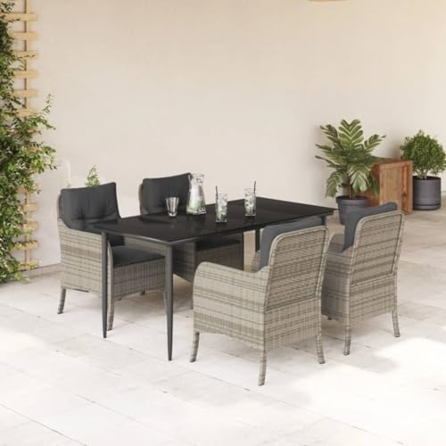 Teenpull 5-TLG. Garten-Essgruppe Hellgrau Poly Rattan, 160x80cm Tisch mit Hartglasplatte, 4 Stühle, Bequeme Kissen, UV-beständig, Outdoor Patio Möbel Set von Teenpull