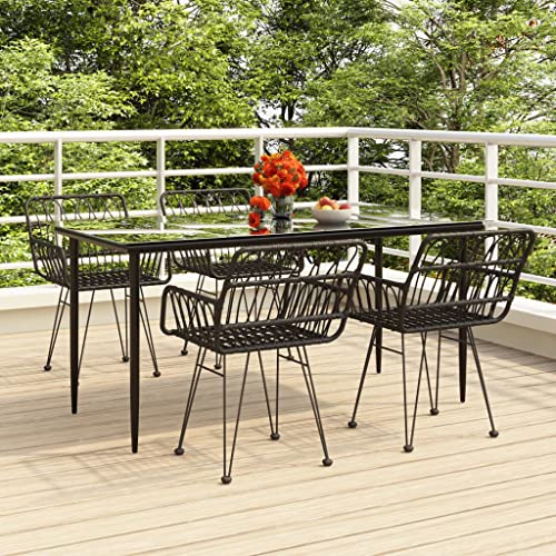 Teenpull 5-TLG. Garten-Essgruppe Schwarz Poly Rattan, 160x80cm Glastisch, 4 Stühle mit Armlehnen, Robustes Outdoor Patio Set für Balkon, Veranda & Garten von Teenpull