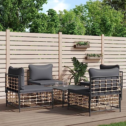 Teenpull 5-TLG. Garten-Lounge-Set, Anthrazit Poly Rattan, Wetterfestes Outdoor Sofa mit Kissen, Robustes Terrassenmöbel-Set für Balkon & Garten von Teenpull