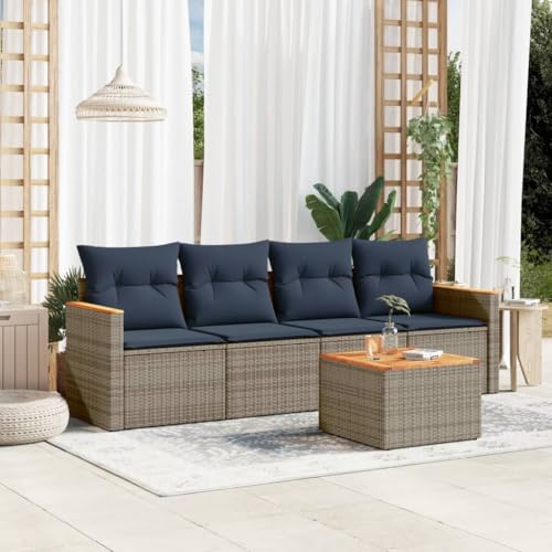 Teenpull 5-teiliges Gartensofa-Set, Grau Polyrattan, Modulares Outdoor Möbelset mit Kissen, Akazienholz-Tisch, UV-beständig Teenpull 5-teiliges Gartensofa-Set, Grau Polyrattan, Modulares Outdoor Möbelset mit Kissen, Akazienholz-Tisch, UV-beständig von Teenpull