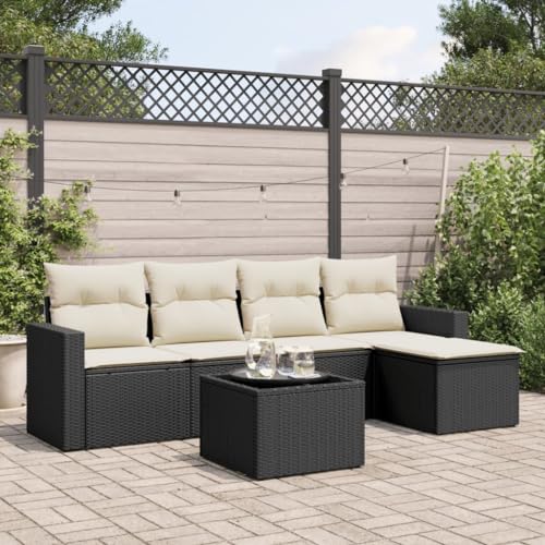 Teenpull 6-TLG. Garten-Sofagarnitur Schwarz Poly Rattan, Modulares Outdoor Möbel Set mit Kissen, Gartentisch Hartglas, UV-beständig von Teenpull