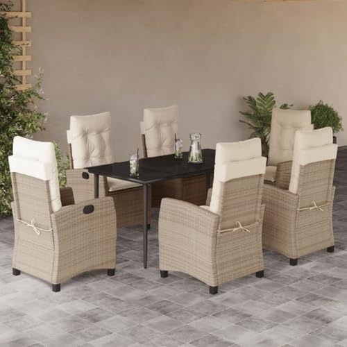 Teenpull 7-TLG. Garten-Essgruppe, Poly Rattan Beige, verstellbare Stühle, Glastisch, Polster, für Patio Outdoor Dining Set von Teenpull