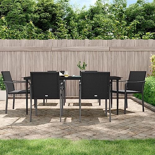 Teenpull 7-TLG. Garten-Essgruppe, Poly Rattan Schwarz, Stahlrahmen, Glasplatte 200x100cm, inkl. 6 Stühle & Kissen, Outdoor Patio Set von Teenpull
