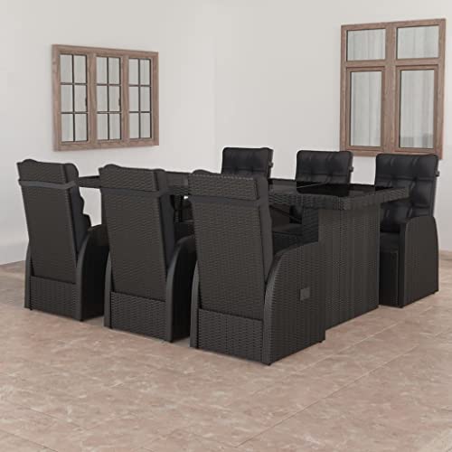 Teenpull 7-TLG. Garten-Essgruppe, Poly Rattan Schwarz, verstellbare Stühle, Glastisch, Polster, für Patio, Outdoor Möbel Set von Teenpull