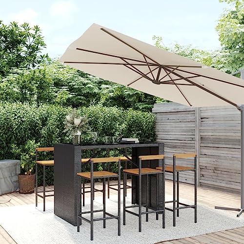 Teenpull 7-TLG. Gartenbar-Set Schwarz, Poly Rattan & Massivholz Akazie, Outdoor Barset mit 6 Stühlen, Hartglas-Tischplatte, Wetterfestes Terrassenmöbel-Set für Balkon, Veranda von Teenpull