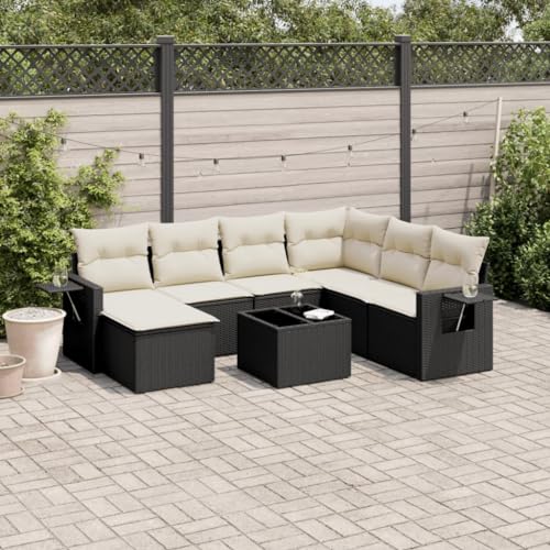 Teenpull 8-TLG. Garten-Sofagarnitur Schwarz Poly Rattan, Modulares Outdoor Möbel Set mit Kissen, Gartentisch Hartglas, Patio Loungemöbel von Teenpull