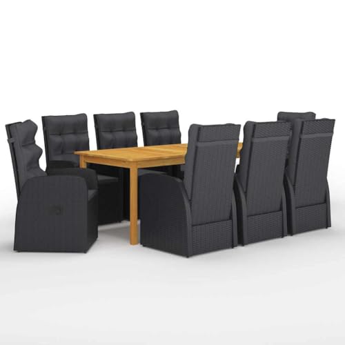 Teenpull 9-TLG. Garten-Essgruppe Schwarz, Massivholz Akazie & PE-Rattan, verstellbare Stühle mit Polstern, Outdoor-Möbel-Set für Patio & Balkon von Teenpull