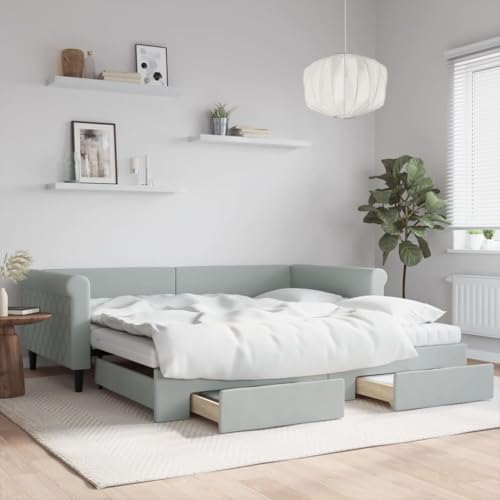 Teenpull Ausziehbares Tagesbett 100x200 cm, Samt Hellgrau, mit 2 Schubladen & Matratzen, Bettgestell, 2-in-1 Sofa Bett mit Kopfteil für Gästezimmer Möbel von Teenpull