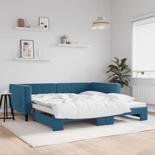 Teenpull Ausziehbares Tagesbett Blau 100x200 cm, Samt Polsterung, 2-in-1 Sofa & Doppelbett für Gästezimmer, Robustes Bettgestell mit Holzrahmen von Teenpull