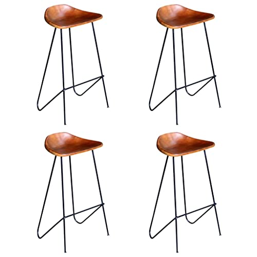 Teenpull Bar Stools Set of 4, Brown Genuine Leather Counter Height Chairs for Kitchen Dining Room, Industrial Design von Teenpull