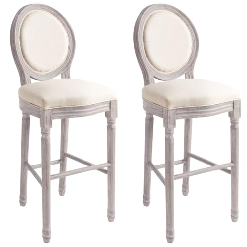 Teenpull Barhocker Set 2 STK. Weiß Leinen, Antik Massivholz Barstühle, Hohe Küchenstühle für Esszimmer, Max. 110 kg von Teenpull