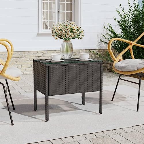 Teenpull Beistelltisch Schwarz aus Poly Rattan, 53x37x48 cm, mit Hartglasplatte, robuster Couchtisch für Wohnzimmer, Schlafzimmer & Garten von Teenpull