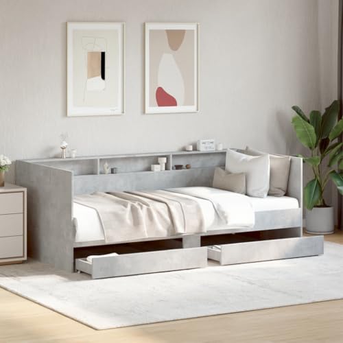 Teenpull Betongrau Tagesbett 100x200 cm, Holzwerkstoff Bettrahmen Möbel mit 2 Schubladen, Schlafsofa Plattform Bett Basis mit Kopfteil für Gästezimmer. von Teenpull