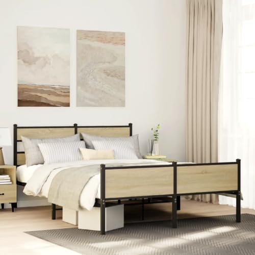 Teenpull Bettgestell 140x200 cm Sonoma-Eiche Holzwerkstoff mit Metallrahmen, Kopfteil, robustem Lattenrost für Matratzen Unterstützung, inklusive Stauraum unter dem Bett für Schlafzimmer Möbel von Teenpull