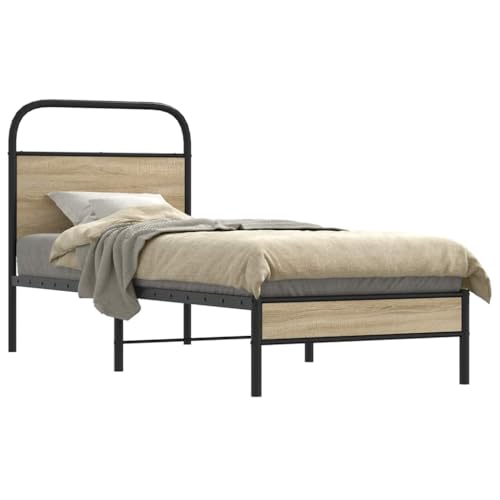 Teenpull Bettgestell 75x190 cm Räuchereiche Holzwerkstoff, Stabiler Stahlrahmen mit Kopfteil, modernes Plattform Bett für Schlafzimmer, Robustes Möbelstück, ohne Matratze von Teenpull
