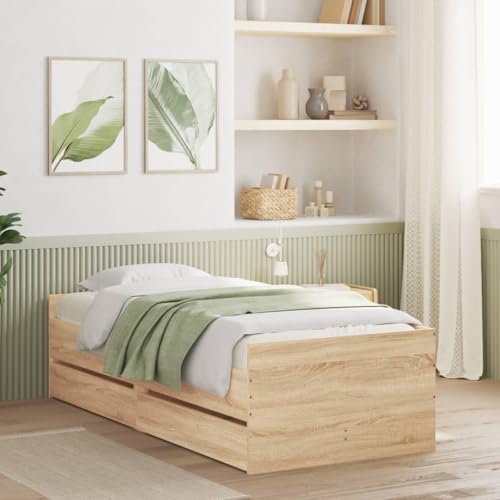 Teenpull Bettgestell 90x200 cm Sonoma-Eiche, Modernes Bett mit 2 Schubladen, Robuste Sperrholz-Latten, Praktischer Stauraum für Schlafzimmer Möbel Set Teenpull Bettgestell 90x200 cm Sonoma-Eiche, Modernes Bett mit 2 Schubladen, Robuste Sperrholz-Latten, Praktischer Stauraum für Schlafzimmer Möbel Set von Teenpull