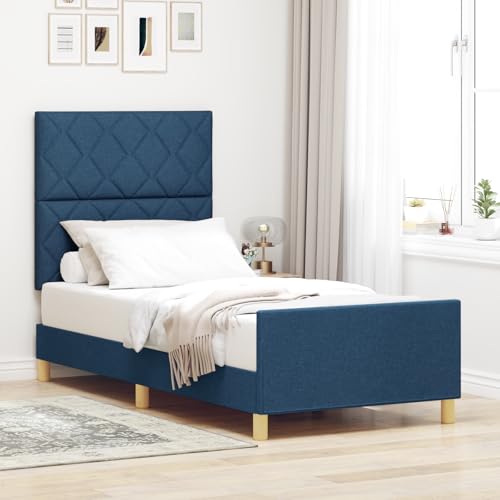 Teenpull Bettgestell Blau Stoff 100x200 cm, Modernes Polsterbett mit Diamantblock-Design, Robustes Einzelbett für Schlafzimmer, Elegantes Plattformbett, Einfache Montage Teenpull Bettgestell Blau Stoff 100x200 cm, Modernes Polsterbett mit Diamantblock-Design, Robustes Einzelbett für Schlafzimmer, Elegantes Plattformbett, Einfache Montage von Teenpull