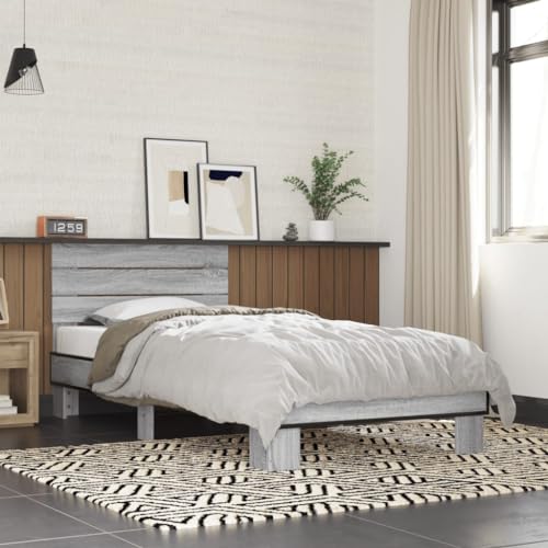 Teenpull Bettgestell Grau Sonoma 100x200 cm, Holzwerkstoff und Metall, Stabiler Bettrahmen mit Kopfteil, ideal für Schlafzimmer, Gute Unterstützung von Teenpull