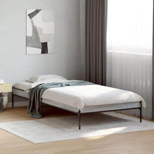Teenpull Bettgestell Grau Sonoma 100x200 cm, Robustes Holzwerkstoff- und Metall-Bettrahmen für erholsamen Schlaf, stabile Sperrholzlatten, einfache Montage von Teenpull