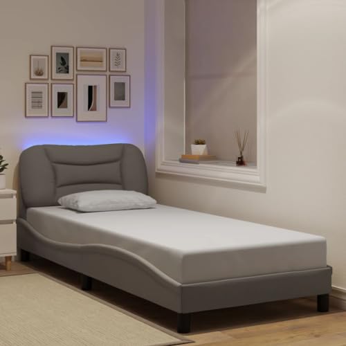 Teenpull Bettgestell Hvar, Taupe, 90x200 cm, aus Stoff, mit integrierter LED-Beleuchtung, Elegantes Design, stabile Sperrholzlatten, Kopfteil-Kissen von Teenpull