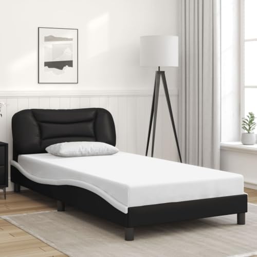 Teenpull Bettgestell Hvar 100x200 cm, Schwarz-Weiß Kunstleder, wellenförmiges Design, Stabiler Metallrahmen, Holzlatten für optimalen Matratzenhalt, Komfortables Kopfteil von Teenpull
