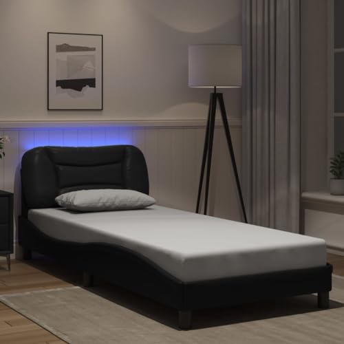 Teenpull Bettgestell Hvar Schwarz 90x190 cm aus Kunstleder mit LED-Beleuchtung, wellenförmiges Design und stabilem Lattenrost für Schlafzimmer von Teenpull