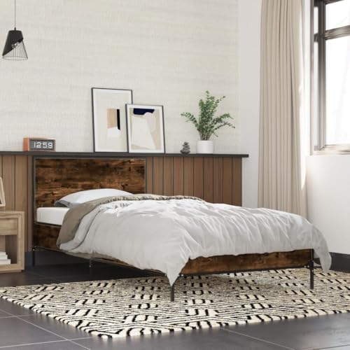 Teenpull Bettgestell Räuchereiche 90x190 cm, stabiles Bett Rahmen aus Holzwerkstoff und Metall mit Kopfteil, Robustes Plattform Bett für Matratzen im Schlafzimmer von Teenpull