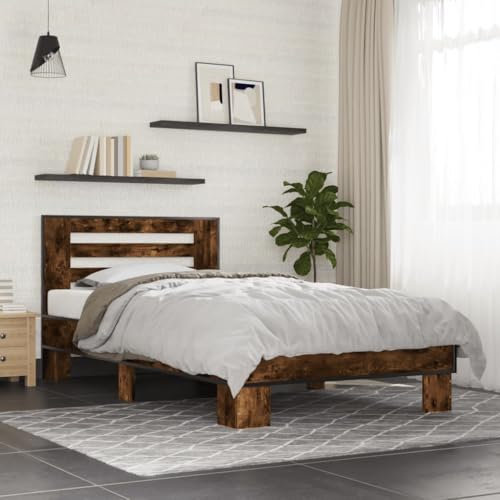 Teenpull Bettgestell Räuchereiche 90x200 cm Holzwerkstoff und Metallrahmen, modernes Einzelbett für Erwachsene, stabile Plattform mit Kopfteil, Unterbau für Matratze von Teenpull