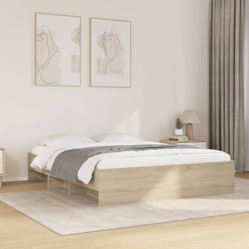 Teenpull Bettgestell Sonoma-Eiche 150x200 cm, Holzwerkstoff Bettrahmen mit Lattenrost und Stauraumfächern für Schlafzimmer, Stabiler Bettkasten ohne Matratze von Teenpull