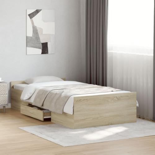 Teenpull Bettgestell Sonoma-Eiche 75x190 cm, Robustes Holzwerkstoff Plattform Bett mit 2 Schubladen, integrierter Stauraum, modernes Schlafzimmer Möbel Set Teenpull Bettgestell Sonoma-Eiche 75x190 cm, Robustes Holzwerkstoff Plattform Bett mit 2 Schubladen, integrierter Stauraum, modernes Schlafzimmer Möbel Set von Teenpull