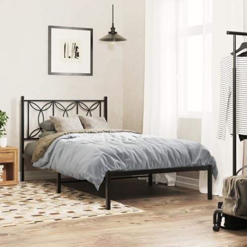 Teenpull Bettgestell mit Kopfteil Metall Schwarz 100x200 cm, stabiles Bettrahmen für Schlafzimmer, robuste Plattform Basis für Matratze, modernes Möbelstück mit Stauraum und Rückenstütze von Teenpull