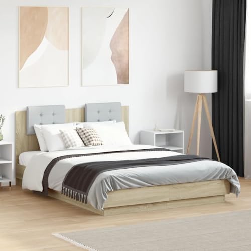 Teenpull Bettgestell mit Kopfteil Sonoma-Eiche 120x190 cm aus Holzwerkstoff, Polster-Kopfkissen Hellgrau, stabile Plattform für erholsamen Schlaf im Schlafzimmer Teenpull Bettgestell mit Kopfteil Sonoma-Eiche 120x190 cm aus Holzwerkstoff, Polster-Kopfkissen Hellgrau, stabile Plattform für erholsamen Schlaf im Schlafzimmer von Teenpull
