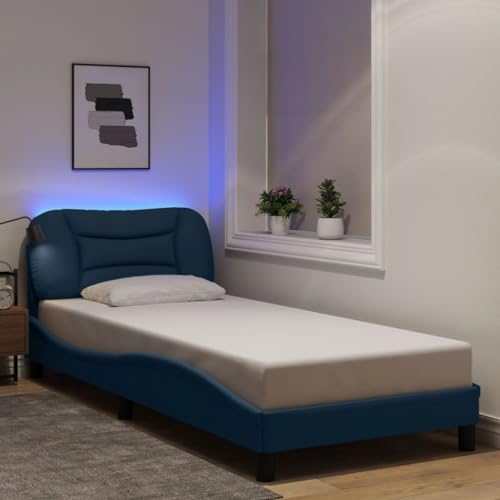 Teenpull Bettgestell mit LED-Beleuchtung, Blaues Polsterbett 80x200 cm Stoffbezug, Stabiler Bettrahmen für Schlafzimmer ohne Matratze, modernes Einzelbett mit Kopfteil, erholsamer Schlaf. von Teenpull