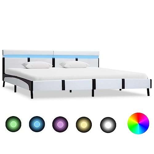Teenpull Bettgestell mit LED Beleuchtung, Weiß Kunstleder Polsterbett, Robustes modernes Bettrahmen für 180x200 cm Matratze, stabiles Plattformbett mit Kopfteil, Fernbedienung für Ambientebeleuchtung von Teenpull