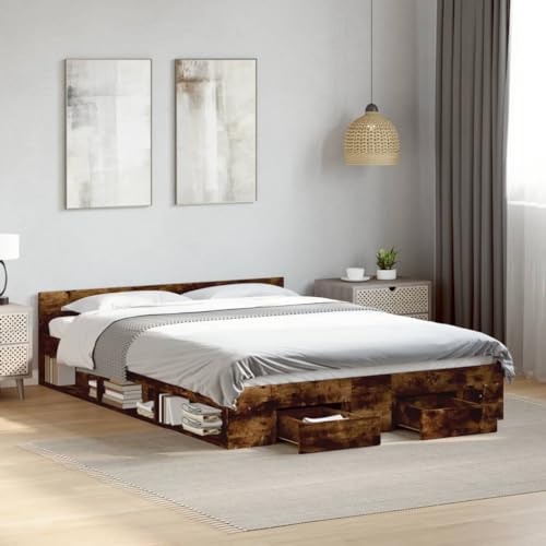 Teenpull Bettgestell mit Schubladen, Räuchereiche 140x190cm, Robustes Holzwerkstoff Plattform Bett, modernes Schlafzimmer Möbel mit Stauraum von Teenpull