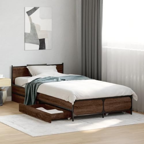 Teenpull Bettgestell mit Schubladen Braun Eichen-Optik, 75x190 cm Bettrahmen für Schlafzimmer, stabiles Bett mit Stauraum und Metallbeinen von Teenpull