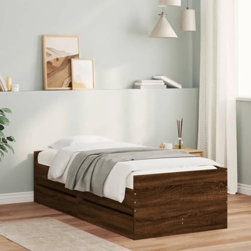 Teenpull Bettgestell mit Schubladen Braun Eichen-Optik Holzwerkstoff 90x200 cm, modernes Einzelbett mit 2 Stauraum-Schubladen, Robustes Bett für Schlafzimmer Jugendzimmer, platzsparend von Teenpull
