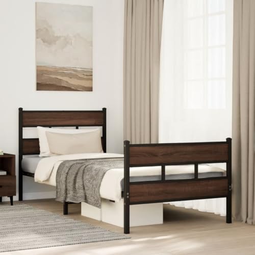 Teenpull Bettgestell ohne Matratze, Robustes Bettrahmen aus Stahl, 75x190 cm Plattform Bett mit Kopfteil & Lattenrost, 28cm Stauraum, Braun Eichen-Optik, stabil für Schlafzimmer von Teenpull