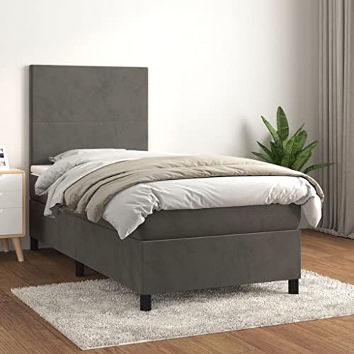 Teenpull Boxspringbett 100x200 cm, Dunkelgrau, Samt, mit Federkernmatratze, verstellbarem Kopfteil und Matratzenauflage für erholsamen Schlaf von Teenpull